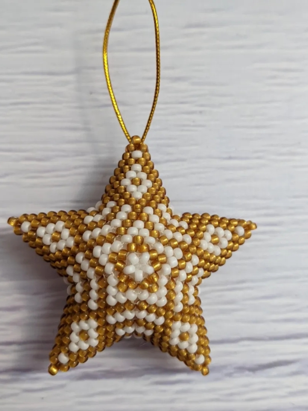 Gold and White Beaded Star Holiday Ornament